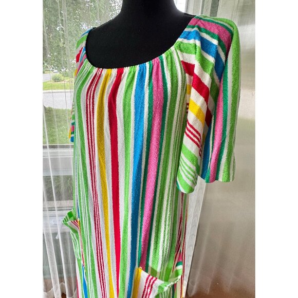 Vintage 80s terrycloth robe/coverup, pink blue yellow green orange red stripes - Picture 4 of 8
